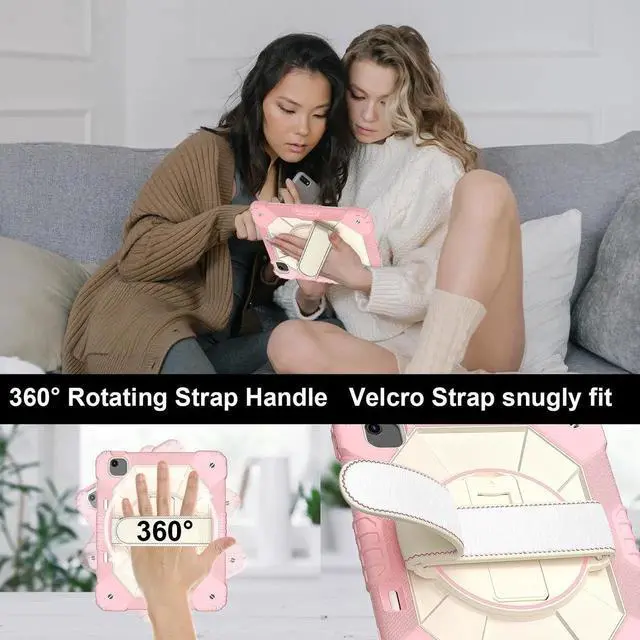 Alt view image 3 of 7 - Case for iPad Air 13 Inch M4/M3/M2 2026/2025/2024 with Rotating Stand Pencil Holder Hand/Shoulder Strap, Heavy Duty Shockproof Protective Cover Rose Gold