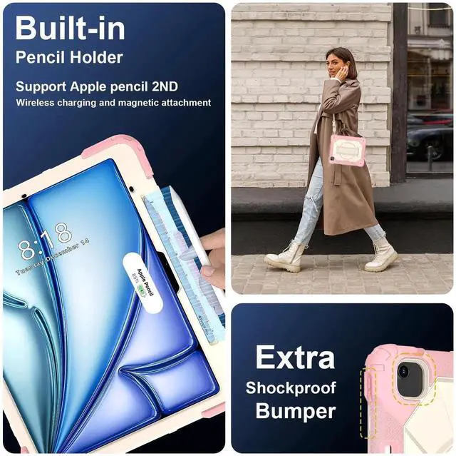 Alt view image 4 of 7 - Case for iPad Air 13 Inch M4/M3/M2 2026/2025/2024 with Rotating Stand Pencil Holder Hand/Shoulder Strap, Heavy Duty Shockproof Protective Cover Rose Gold