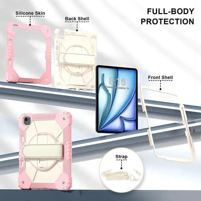Alt view image 7 of 7 - Case for iPad Air 13 Inch M4/M3/M2 2026/2025/2024 with Rotating Stand Pencil Holder Hand/Shoulder Strap, Heavy Duty Shockproof Protective Cover Rose Gold
