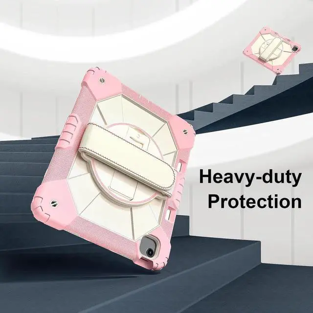 Alt view image 2 of 7 - Case for iPad Air 13 Inch M4/M3/M2 2026/2025/2024 with Rotating Stand Pencil Holder Hand/Shoulder Strap, Heavy Duty Shockproof Protective Cover Rose Gold