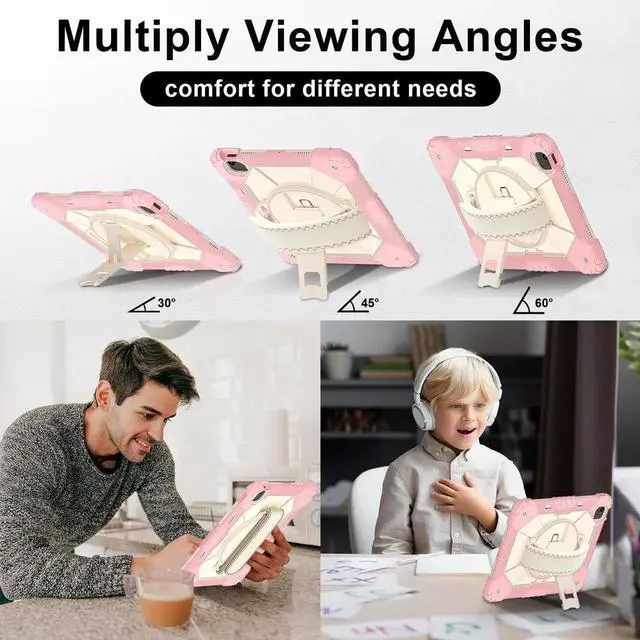 Alt view image 5 of 7 - Case for iPad Air 13 Inch M4/M3/M2 2026/2025/2024 with Rotating Stand Pencil Holder Hand/Shoulder Strap, Heavy Duty Shockproof Protective Cover Rose Gold