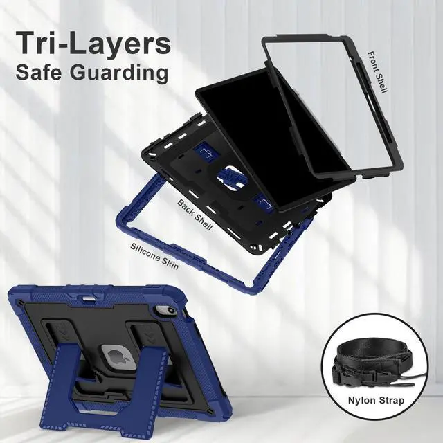 Alt view image 6 of 7 - Case for iPad Air 13 Inch 2026 M4 2025 M3 2025 M2 2024, Military Grade Shockproof Cover with Pencil Holder Stand Shoulder Strap Blue