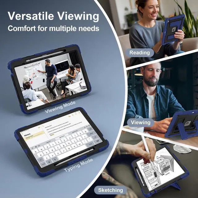 Alt view image 4 of 7 - Case for iPad Air 13 Inch 2026 M4 2025 M3 2025 M2 2024, Military Grade Shockproof Cover with Pencil Holder Stand Shoulder Strap Blue