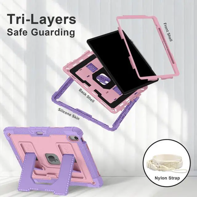 Alt view image 7 of 7 - Case for iPad Air 13 Inch 2026 M4 2025 M3 2025 M2 2024, Military Grade Shockproof Cover with Pencil Holder Stand Shoulder Strap Rose Gold