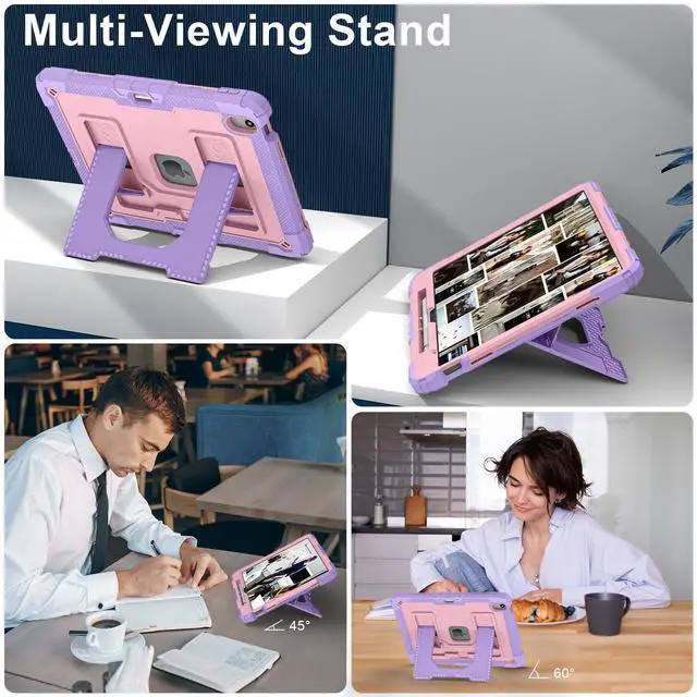Alt view image 4 of 7 - Case for iPad Air 13 Inch 2026 M4 2025 M3 2025 M2 2024, Military Grade Shockproof Cover with Pencil Holder Stand Shoulder Strap Rose Gold