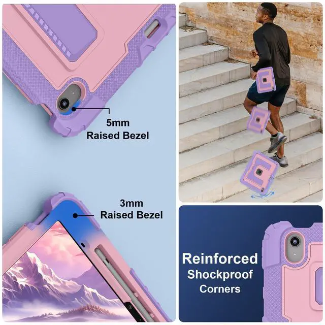 Alt view image 6 of 7 - Case for iPad Air 13 Inch 2026 M4 2025 M3 2025 M2 2024, Military Grade Shockproof Cover with Pencil Holder Stand Shoulder Strap Rose Gold