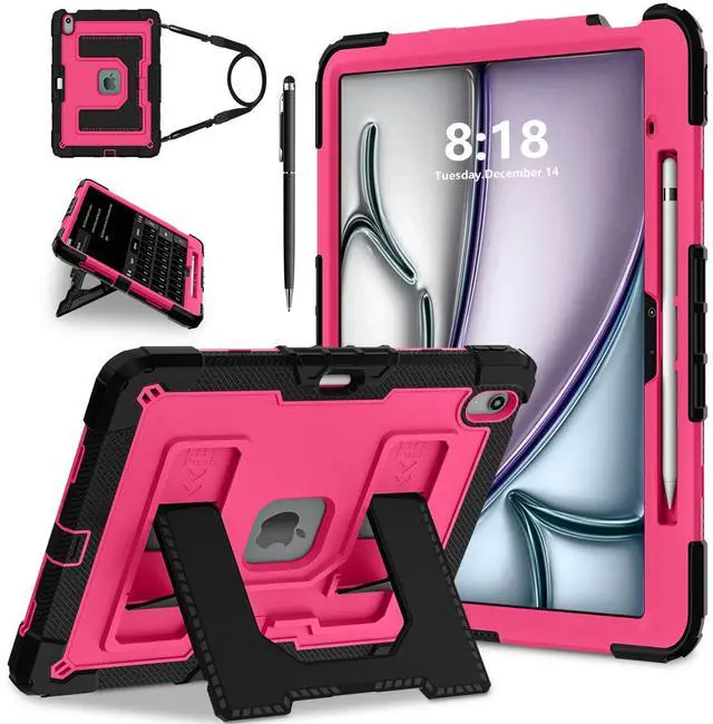Main image of Case for iPad Air 13 Inch 2026 M4 2025 M3 2025 M2 2024, Military Grade Shockproof Cover with Pencil Holder Stand Shoulder Strap Rose Red