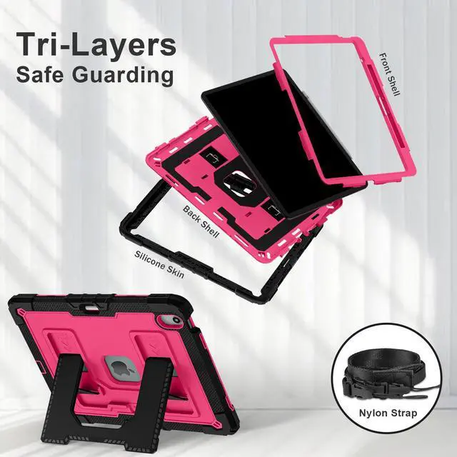 Alt view image 7 of 7 - Case for iPad Air 13 Inch 2026 M4 2025 M3 2025 M2 2024, Military Grade Shockproof Cover with Pencil Holder Stand Shoulder Strap Rose Red