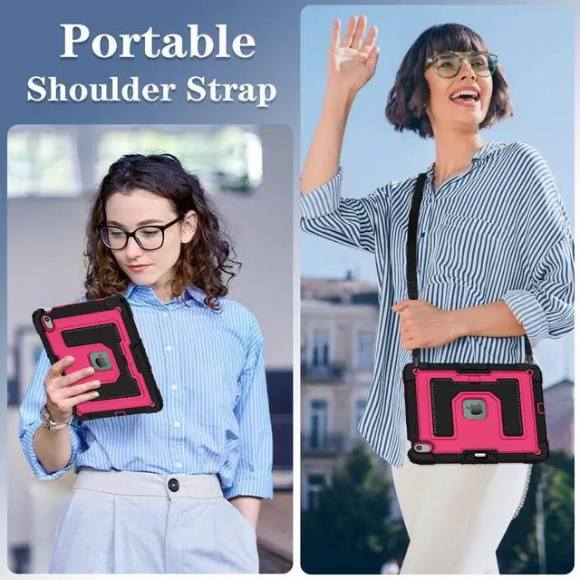 Alt view image 6 of 7 - Case for iPad Air 13 Inch 2026 M4 2025 M3 2025 M2 2024, Military Grade Shockproof Cover with Pencil Holder Stand Shoulder Strap Rose Red