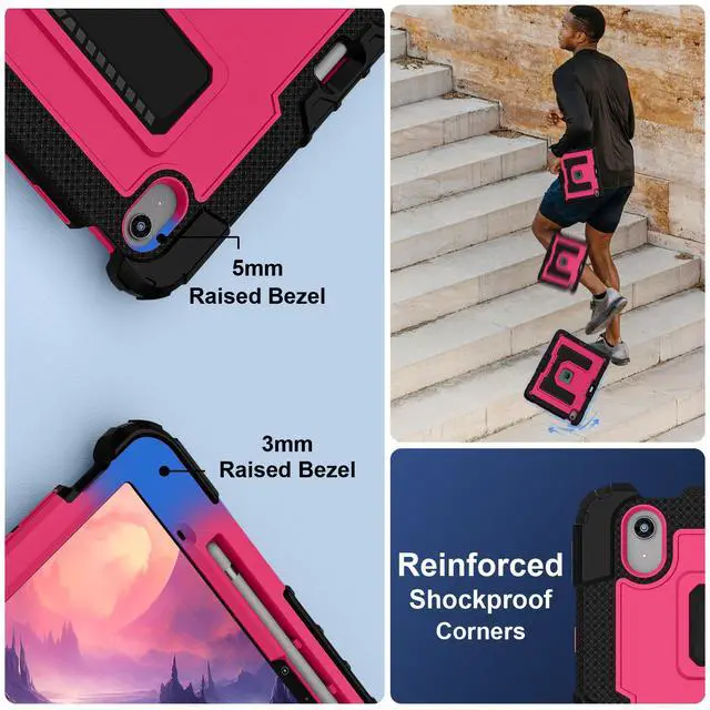 Alt view image 5 of 7 - Case for iPad Air 13 Inch 2026 M4 2025 M3 2025 M2 2024, Military Grade Shockproof Cover with Pencil Holder Stand Shoulder Strap Rose Red