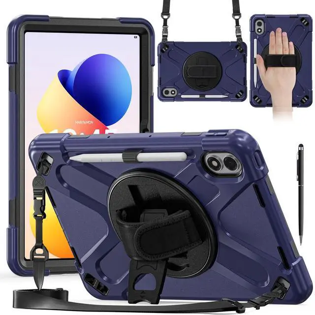 Main image of Case for Xiaomi Redmi Pad 2 Pro 12.1 inch 2025 2026, Protective Shockproof Cover with Pen Holder, 360 Rotatable Stand, Hand Strap, Shoulder Strap, Universal Stylus Pen Navy Blue