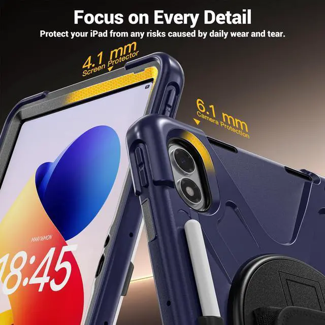 Alt view image 4 of 7 - Case for Xiaomi Redmi Pad 2 Pro 12.1 inch 2025 2026, Protective Shockproof Cover with Pen Holder, 360 Rotatable Stand, Hand Strap, Shoulder Strap, Universal Stylus Pen Navy Blue