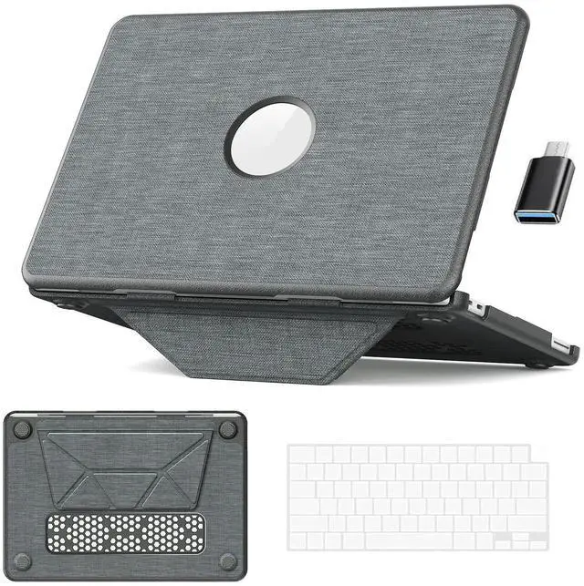 Main image of BONAEVER Case for MacBook Neo 13 inch 2026 Model A3404 with A18 Pro Chip Hard Leather Cover with Keyboard Skin & Type C Adapter, Anti-Crack, Foldable Stand Grey