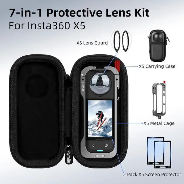 Alt view image 2 of 7 - Insta 360 X5 Utility Cage/Carrying Case (Frame + Lens Cap) Lens Guard/2 Pack Screen Protector Accessories Kit, Tempered Film Glass Metal Cover Portable Bag for Insta360 X5 Protective Bundle