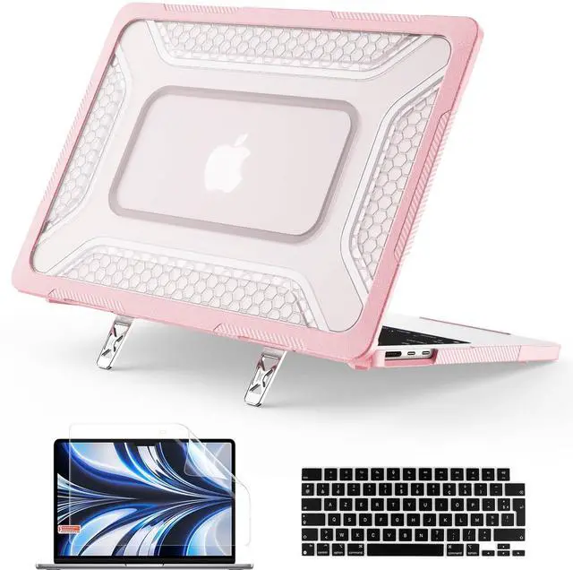 Main image of Case for MacBook Air 13.6 inch 2026 M5 2025 M4 2024 M3 2022, 2 in 1 Kit Shockproof Cover Heavy Duty TPU Bumper Hard Case with Foldable Metal Kickstand, Keyboard Skin & Screen Protector Pink