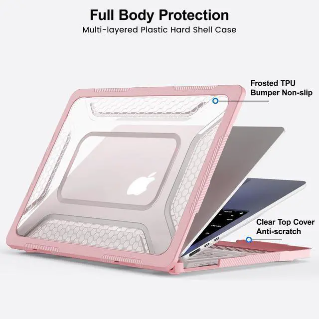 Alt view image 3 of 7 - Case for MacBook Air 13.6 inch 2026 M5 2025 M4 2024 M3 2022, 2 in 1 Kit Shockproof Cover Heavy Duty TPU Bumper Hard Case with Foldable Metal Kickstand, Keyboard Skin & Screen Protector Pink