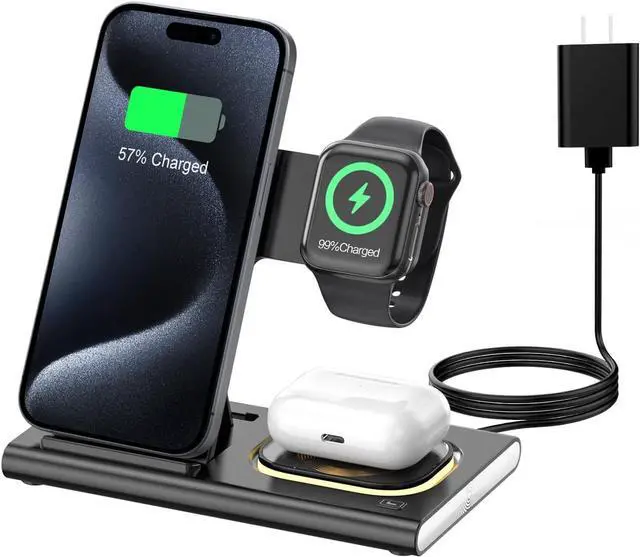 Main image of 3 in 1 Foldable Charging Station for Apple Products,Wireless Charger for iPhone 17 16 15 14 13 12 Pro Max,Travel Dock Adapter&Light for iWatch Series 11 10 9 Ultra 3/2 SE 3/2,for AirPods 4 3 2 Pro 3/2