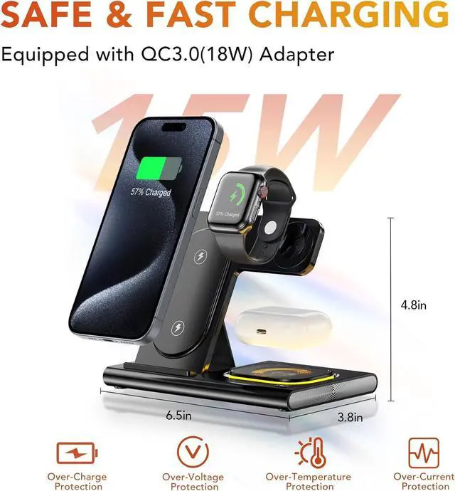 Alt view image 4 of 7 - 3 in 1 Foldable Charging Station for Apple Products,Wireless Charger for iPhone 17 16 15 14 13 12 Pro Max,Travel Dock Adapter&Light for iWatch Series 11 10 9 Ultra 3/2 SE 3/2,for AirPods 4 3 2 Pro 3/2