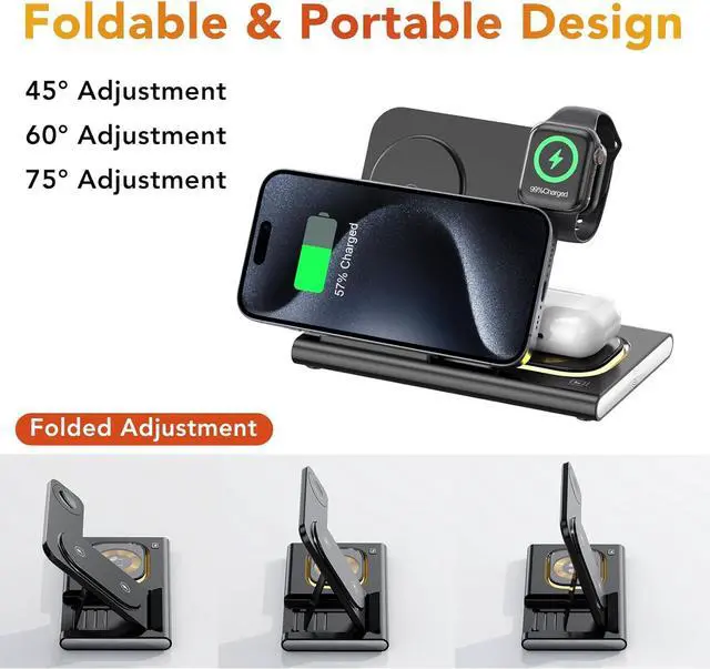 Alt view image 3 of 7 - 3 in 1 Foldable Charging Station for Apple Products,Wireless Charger for iPhone 17 16 15 14 13 12 Pro Max,Travel Dock Adapter&Light for iWatch Series 11 10 9 Ultra 3/2 SE 3/2,for AirPods 4 3 2 Pro 3/2