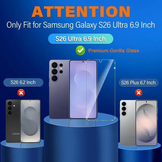 Alt view image 2 of 7 - 3 Pack for Samsung Galaxy S26 Ultra Screen Protector Tempered Glass + 3 Pack Camera Lens Protector, Military Grade Shatterproof, 9H Hardness, Fingerprint Unlock, Case Friendly 6.9 Inch