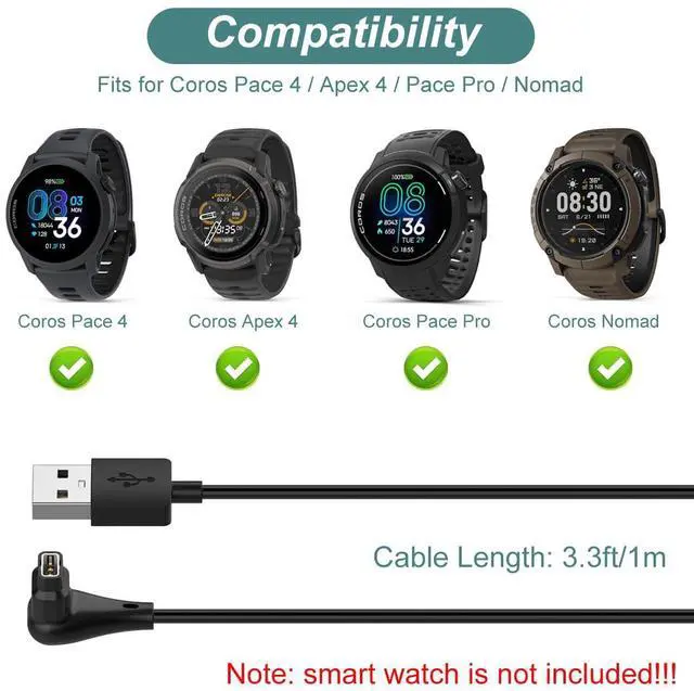Alt view image 2 of 7 - Charger for Coros Pace 4, Apex 4, Pace Pro, Nomad, Replacement USB Charging Cable Cord for Coros Smart Watch (USB Type A)
