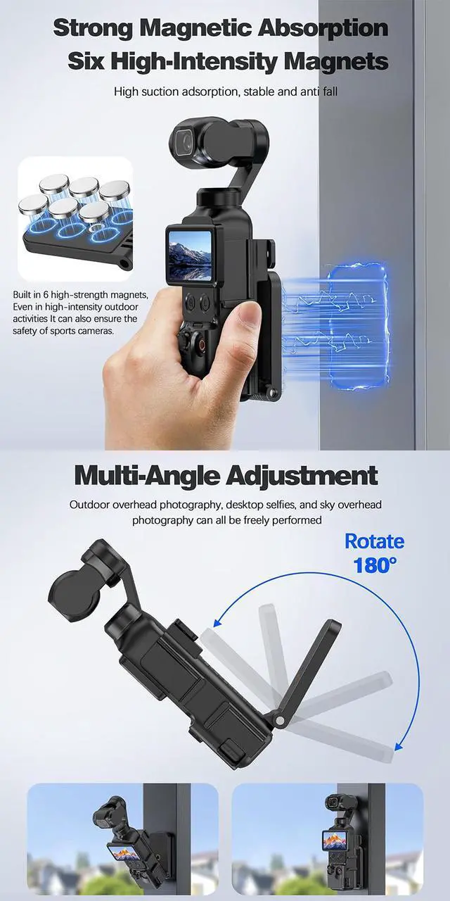 Alt view image 7 of 7 - Magnetic Mount Bracket for D-JI Pocket 4, 180°Rotatable Camera Holder with 1/4" Screw & GoPro Interface, Anti-Slip & Anti-Drop Adapter for Vlog, Travel, Outdoor (Black)
