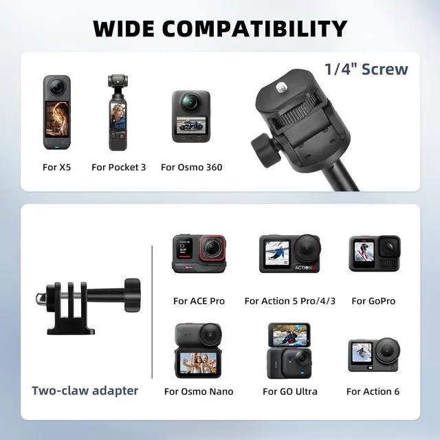 Alt view image 2 of 7 - 80" Selfie Stick Tripod for Pocket 3 4 GoPro Action Camera, Extendable Stand Vlog Mount for DJI Osmo Pocket 3 4 Action 6 5 Pro 4 3 for Xtra Muse for Insta360 X5 X4 X3 for AKASO DSLR Accessories