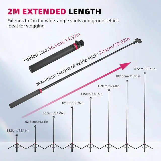 Alt view image 4 of 7 - 80" Selfie Stick Tripod for Pocket 3 4 GoPro Action Camera, Extendable Stand Vlog Mount for DJI Osmo Pocket 3 4 Action 6 5 Pro 4 3 for Xtra Muse for Insta360 X5 X4 X3 for AKASO DSLR Accessories