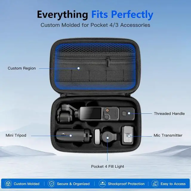 Alt view image 3 of 7 - Travel Carrying Case for DJI Osmo Pocket 3 / Pocket 4 Accessories, Portable Hard PU Protective Storage Bag with Wrist Strap & Two-Way Zipper