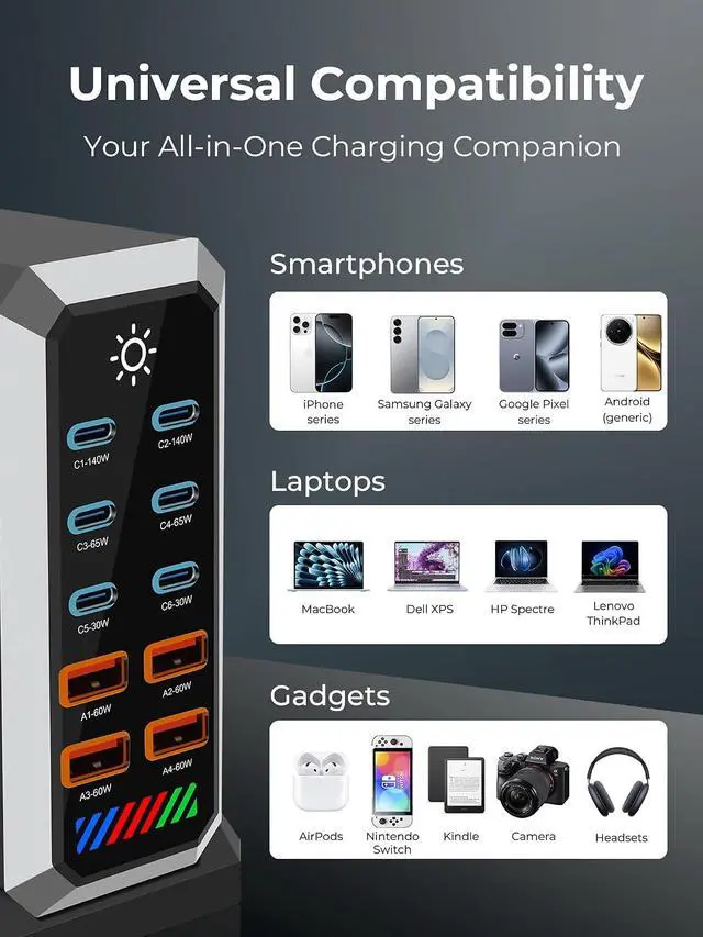 Alt view image 5 of 7 - 10-Port GAN Charging Station 660W, Dual 140W USBC Power Block Multiport | Multiple Phones & Laptops on One Desk - MacBook Pro, iPad, iPhone, Samsung Galaxy | 6 USB-C + 4 USB-A Type-C Power Hub