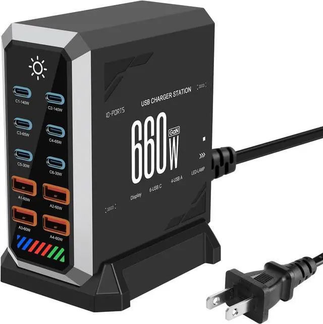 Main image of 10-Port GAN Charging Station 660W, Dual 140W USBC Power Block Multiport | Multiple Phones & Laptops on One Desk - MacBook Pro, iPad, iPhone, Samsung Galaxy | 6 USB-C + 4 USB-A Type-C Power Hub