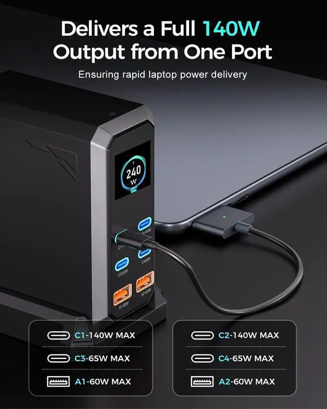 Alt view image 2 of 7 - USB C Charger Block, 240W GaN USB C 6-Port Charger Station, Laptop Power PD Adapter with Touch Control and Color Display, Charging Station for MacBook, iPhone, Samsung, Laptop, iPad, Desktop, and More