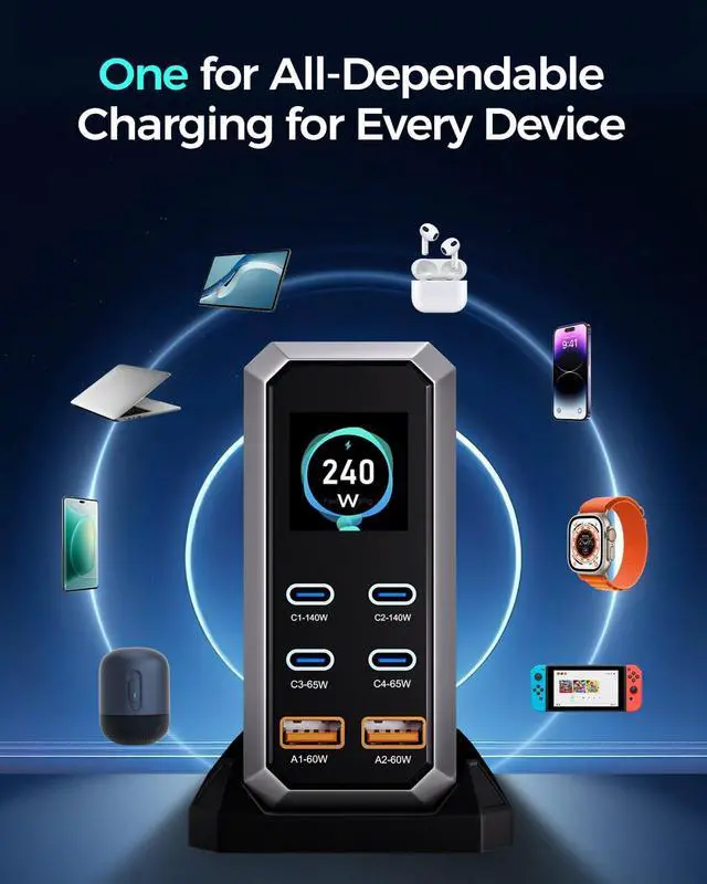 Alt view image 4 of 7 - USB C Charger Block, 240W GaN USB C 6-Port Charger Station, Laptop Power PD Adapter with Touch Control and Color Display, Charging Station for MacBook, iPhone, Samsung, Laptop, iPad, Desktop, and More