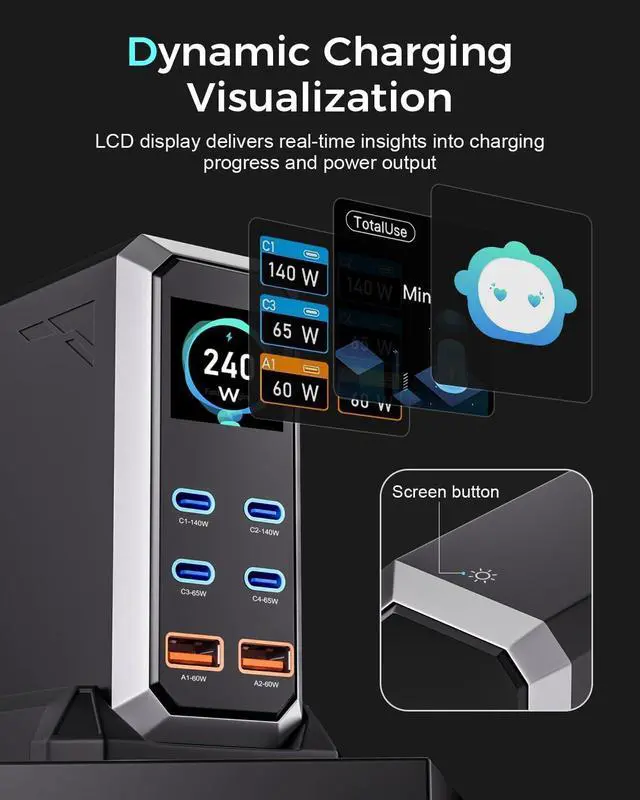 Alt view image 3 of 7 - USB C Charger Block, 240W GaN USB C 6-Port Charger Station, Laptop Power PD Adapter with Touch Control and Color Display, Charging Station for MacBook, iPhone, Samsung, Laptop, iPad, Desktop, and More
