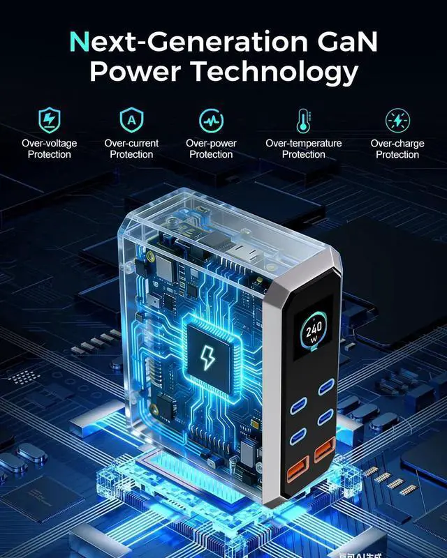 Alt view image 5 of 7 - USB C Charger Block, 240W GaN USB C 6-Port Charger Station, Laptop Power PD Adapter with Touch Control and Color Display, Charging Station for MacBook, iPhone, Samsung, Laptop, iPad, Desktop, and More