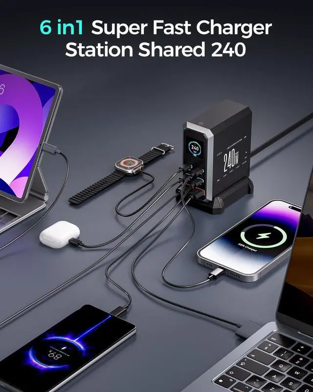 Alt view image 6 of 7 - USB C Charger Block, 240W GaN USB C 6-Port Charger Station, Laptop Power PD Adapter with Touch Control and Color Display, Charging Station for MacBook, iPhone, Samsung, Laptop, iPad, Desktop, and More