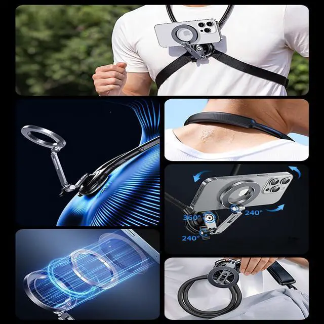 Alt view image 3 of 7 - Magnetic Neck Phone Holder, Adjustable Cellphone Stand Around Neck Potable Hands Free Magnet Phone Mount for POV Vlog Recording with Chest Strap for iPhone 16 15 14 13 12 and Androids