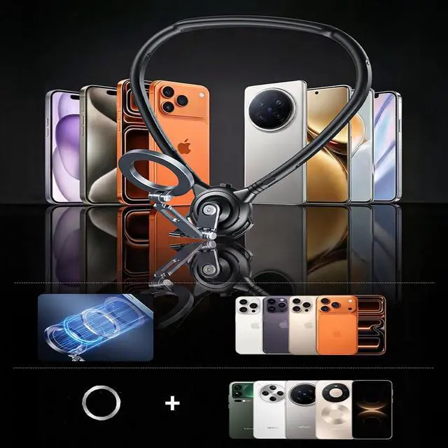 Alt view image 2 of 7 - Magnetic Neck Phone Holder, Adjustable Cellphone Stand Around Neck Potable Hands Free Magnet Phone Mount for POV Vlog Recording with Chest Strap for iPhone 16 15 14 13 12 and Androids