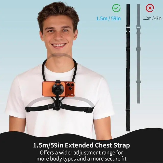 Alt view image 4 of 7 - Neck Phone Holder, 2-in-1 Magnetic & Clip-on POV Phone Holder with 1.5m Extended Chest Strap, Hands-Free Phone Chest Mount for Vlogging, Hiking, Cooking, Compatible with iPhone 18, iPhone 17-12 Series