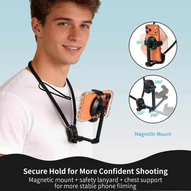 Alt view image 3 of 7 - Neck Phone Holder, 2-in-1 Magnetic & Clip-on POV Phone Holder with 1.5m Extended Chest Strap, Hands-Free Phone Chest Mount for Vlogging, Hiking, Cooking, Compatible with iPhone 18, iPhone 17-12 Series