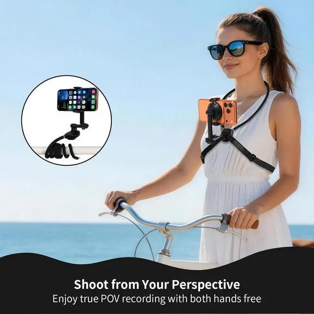 Alt view image 2 of 7 - Neck Phone Holder, 2-in-1 Magnetic & Clip-on POV Phone Holder with 1.5m Extended Chest Strap, Hands-Free Phone Chest Mount for Vlogging, Hiking, Cooking, Compatible with iPhone 18, iPhone 17-12 Series