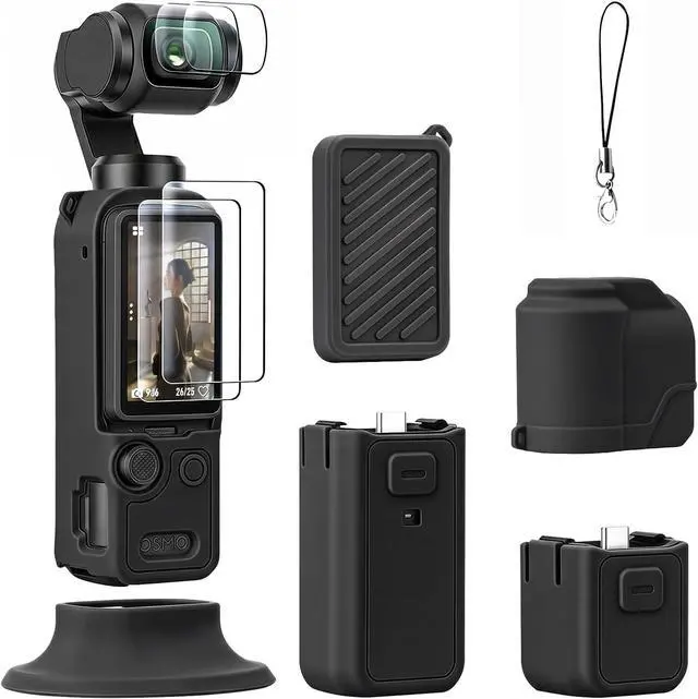 Main image of Silicone Case Compatible with DJI OSMO Pocket 4, Pocket4 Accessories Soft Skin Protective Cover Combo with Tempered Glass Lens Screen Protectors, Silicone Base Stand, Black
