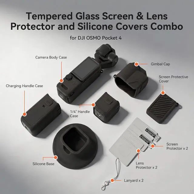 Alt view image 7 of 7 - Silicone Case Compatible with DJI OSMO Pocket 4, Pocket4 Accessories Soft Skin Protective Cover Combo with Tempered Glass Lens Screen Protectors, Silicone Base Stand, Black