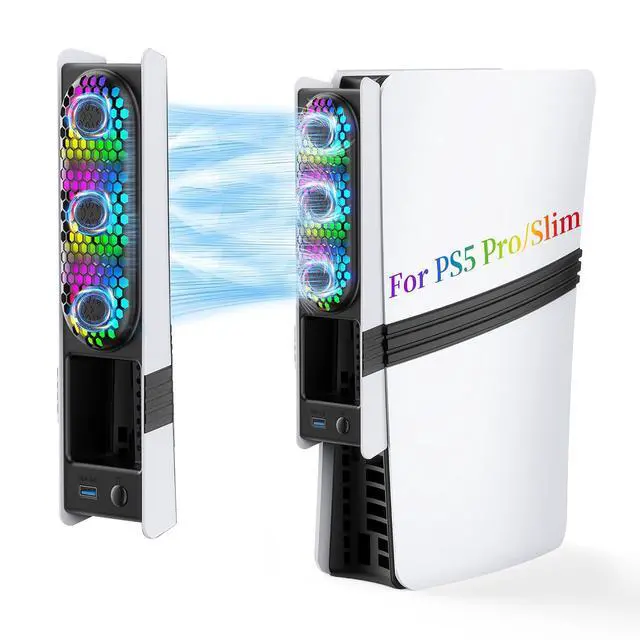 Alt view image 6 of 7 - RGB PS5 Slim/Pro Cooling Fan, Auto Power Cooling System for PS5 Pro/Slim, Silent Cooler Fan with 3 Fans/3 Speed/USB 3.0 Port Compatible with PlayStation 5 Slim/Pro Digital and Discs Edition