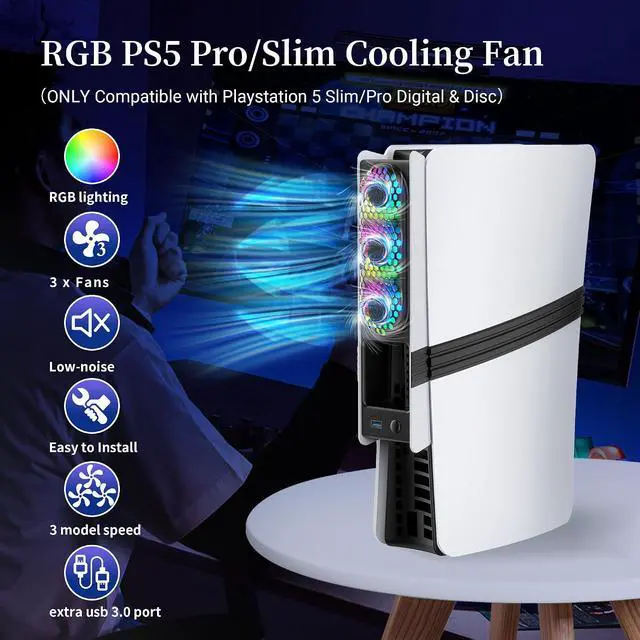 Alt view image 3 of 7 - RGB PS5 Slim/Pro Cooling Fan, Auto Power Cooling System for PS5 Pro/Slim, Silent Cooler Fan with 3 Fans/3 Speed/USB 3.0 Port Compatible with PlayStation 5 Slim/Pro Digital and Discs Edition