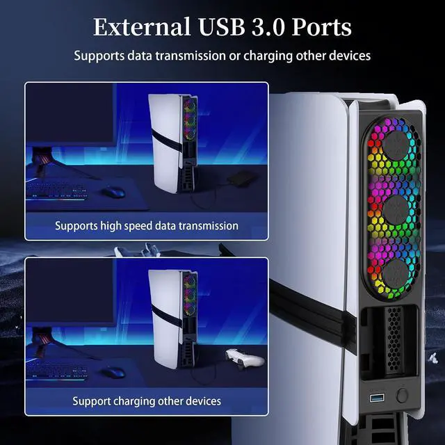 Alt view image 2 of 7 - RGB PS5 Slim/Pro Cooling Fan, Auto Power Cooling System for PS5 Pro/Slim, Silent Cooler Fan with 3 Fans/3 Speed/USB 3.0 Port Compatible with PlayStation 5 Slim/Pro Digital and Discs Edition
