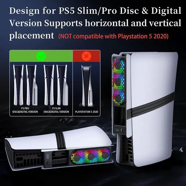 Alt view image 4 of 7 - RGB PS5 Slim/Pro Cooling Fan, Auto Power Cooling System for PS5 Pro/Slim, Silent Cooler Fan with 3 Fans/3 Speed/USB 3.0 Port Compatible with PlayStation 5 Slim/Pro Digital and Discs Edition