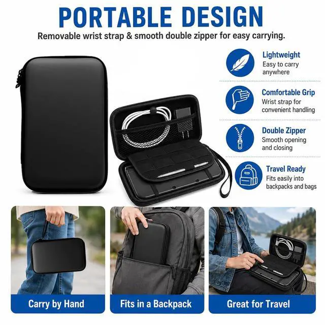Alt view image 4 of 7 - 3DS Carrying Case, EVA Hard Shell Travel Case with 8 Game Card Slots, Detachable Hand Wrist Strap, Waterproof Shockproof Protective Storage for New 3DS, 3DS, 2DS XL or DSi, DS Lite, Black