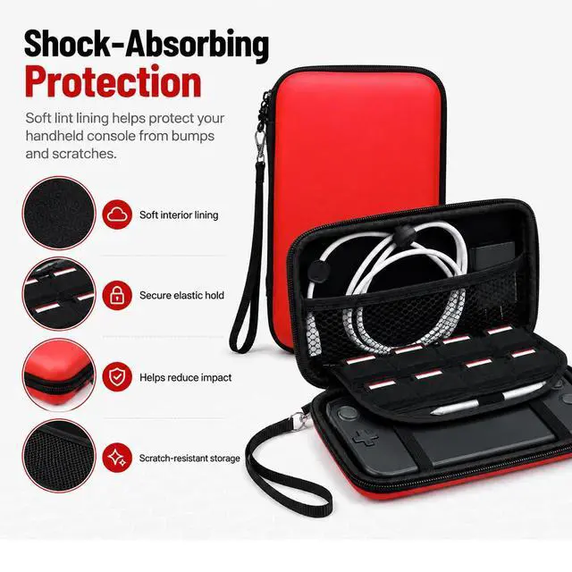 Alt view image 4 of 7 - 3DS Carrying Case, EVA Hard Shell Travel Case with 8 Game Card Slots, Detachable Hand Wrist Strap, Waterproof Shockproof Protective Storage for New 3DS, 3DS, 2DS XL or DSi, DS Lite, Black Red