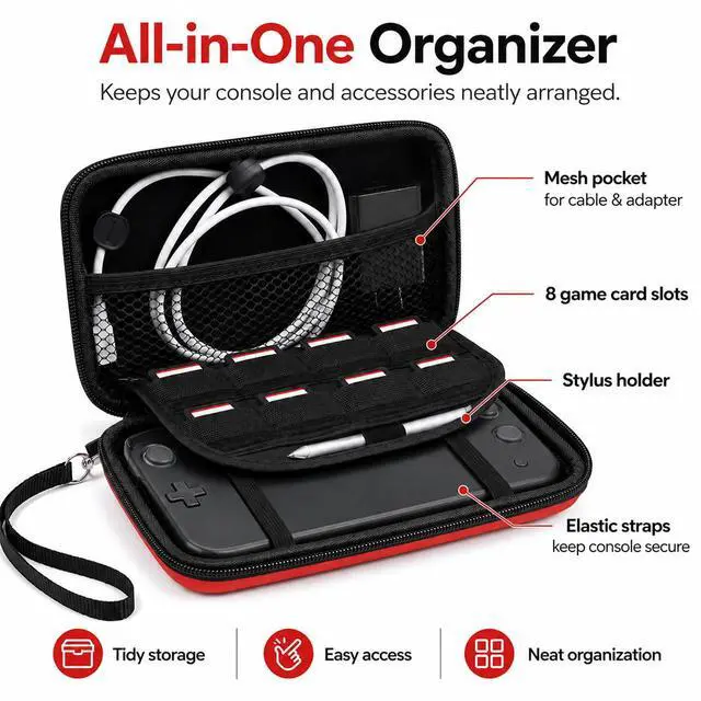 Alt view image 5 of 7 - 3DS Carrying Case, EVA Hard Shell Travel Case with 8 Game Card Slots, Detachable Hand Wrist Strap, Waterproof Shockproof Protective Storage for New 3DS, 3DS, 2DS XL or DSi, DS Lite, Black Red